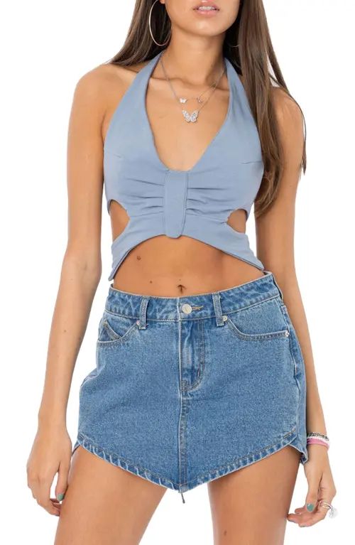 EDIKTED Butterfly Cutout Halter Crop Top in Light-Blue at Nordstrom, Size X-Small | Nordstrom