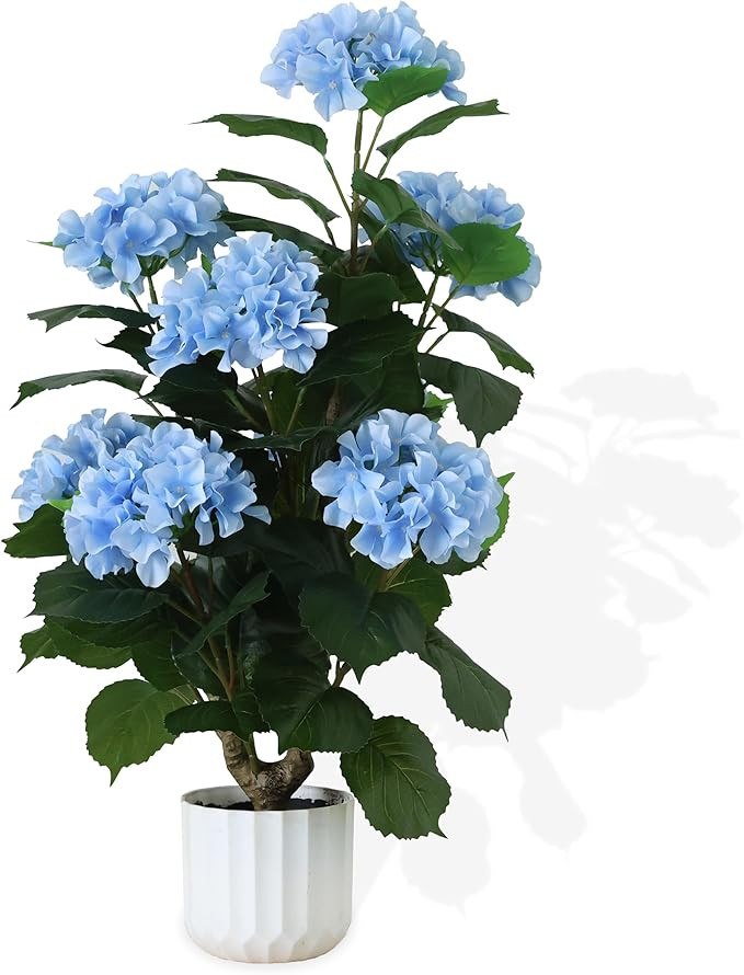 31" Large Artificial Blue Hydrangea Floor Plant, Realistic Faux Silk Floral Arrangement in Black ... | Amazon (US)