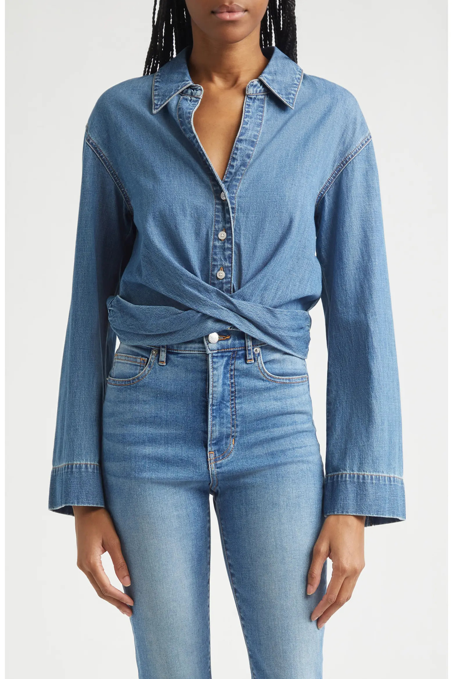 Veronica Beard Timothy Crop Twist Button-Up Denim Shirt (Women) | Nordstromrack | Nordstrom Rack