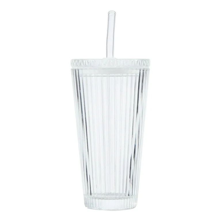 Better Homes & Gardens Ribbed Glass Tumbler With Lid And Straw - Walmart.com | Walmart (US)