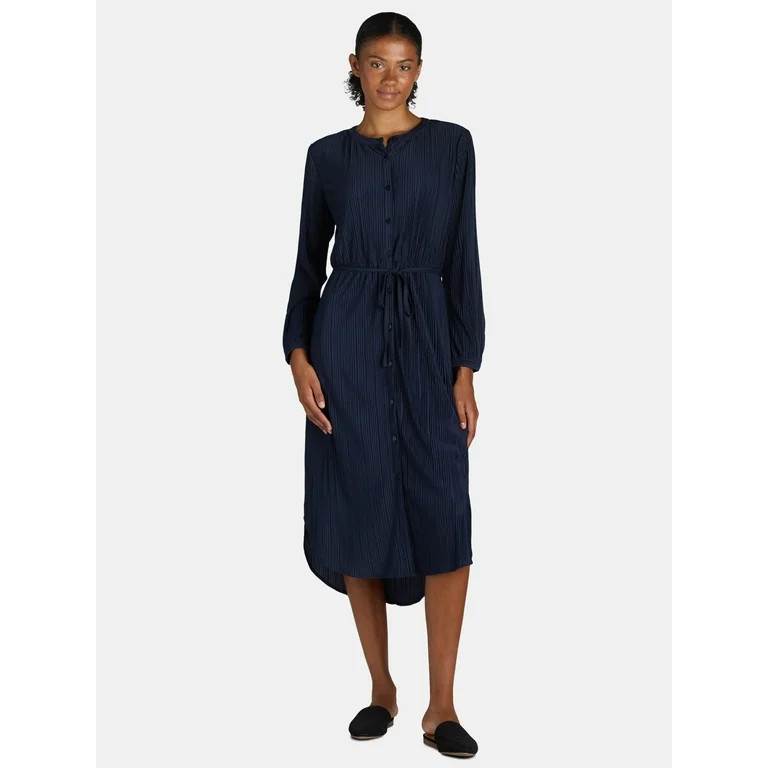 Time and Tru Women's and Women’s Plus Plisse Dress with Long Sleeves, Sizes XS-XXXL | Walmart (US)