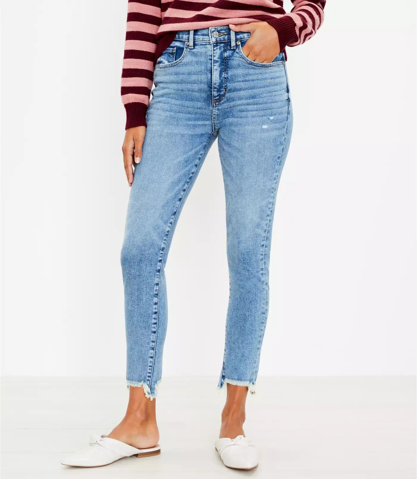 Chewed Hem High Rise Skinny Jeans in Authentic Indigo | LOFT