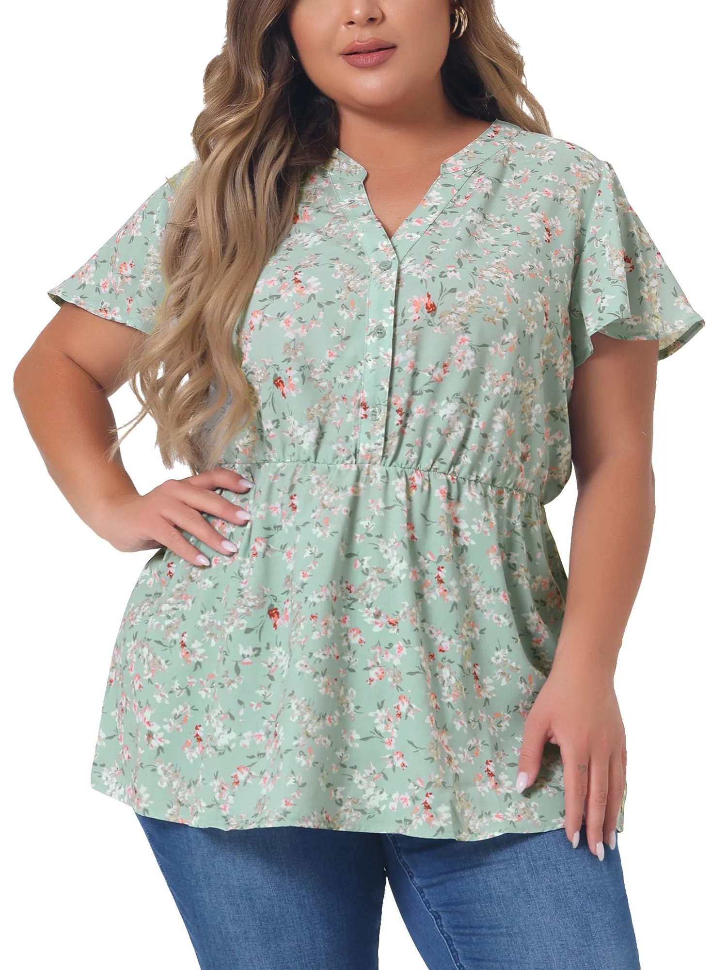 Agnes Orinda Women's Plus Size Short Sleeve Smocked Waist V Neck Ditsy Floral Blouse - Walmart.co... | Walmart (US)