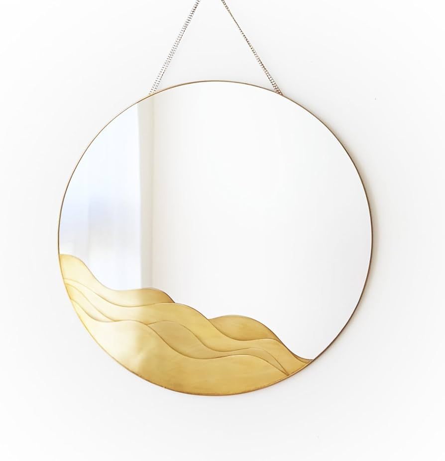FONDAZZA Hanging Wall Mirror, Gold Brass Wave Design, Wall Décor for Living Room, Bathroom, Bedr... | Amazon (US)