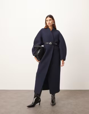 ARRANGE wool mix cinched waist ovoid sleeve coat in navy | ASOS (Global)