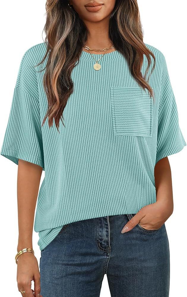 MEROKEETY Women's Summer Short Sleeve Tops Oversized Crewneck Textured Blouse Casual Basic Tunic ... | Amazon (US)