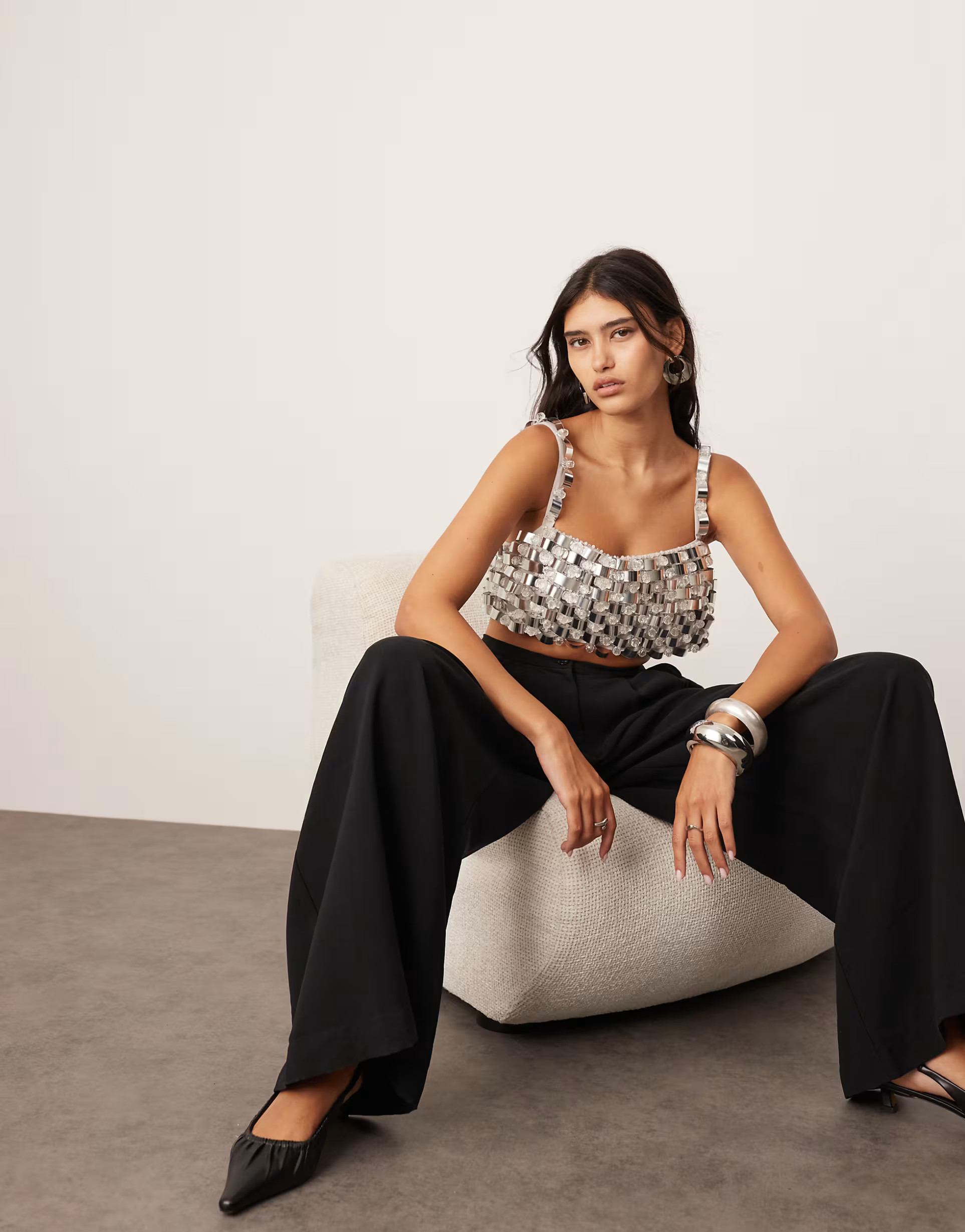 ASOS EDITION embellished futurist square neck crop top in silver | ASOS (Global)