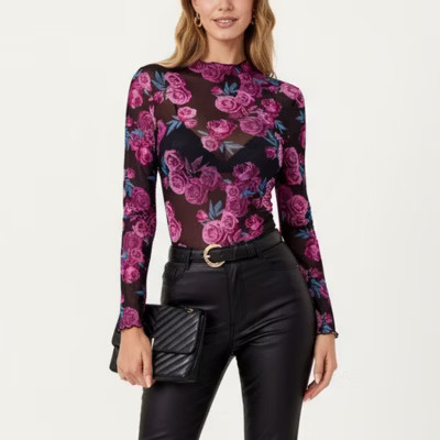Anna-Kaci Women's Sheer Long Sleeve Mesh Top with Rose Floral Print and Mock Neck - Large, Fuchsia | Target