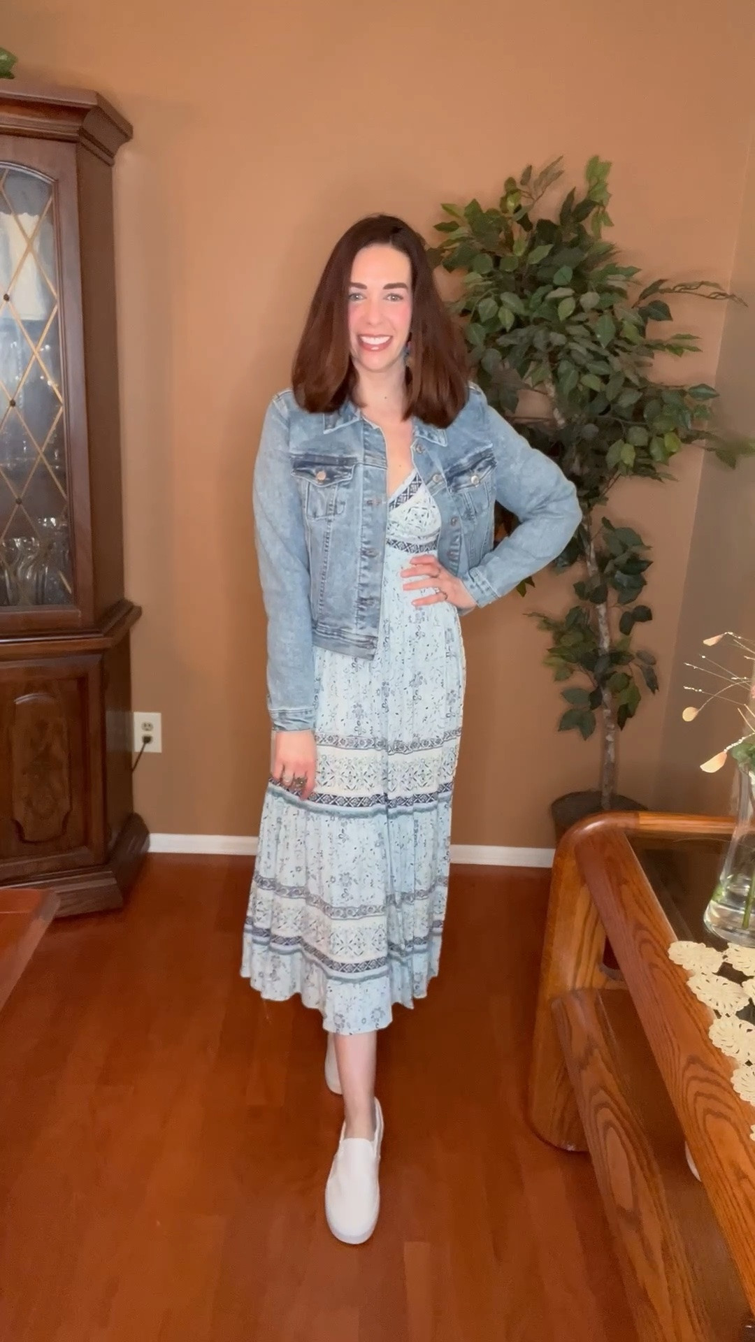 Blue floral keyhole dress (s). Denim jacket (s). White slip on sneakers (8.5). #dress #dresses #bluefloraldress #summerdresses #keyholedress #jacket #denimjacket #sneakers #sliponsneakers #whitesneakers #summeroutfit @tjmaxx @DSW 
summer outfits 
summer dresses

#LTKootd #LTKSeasonal