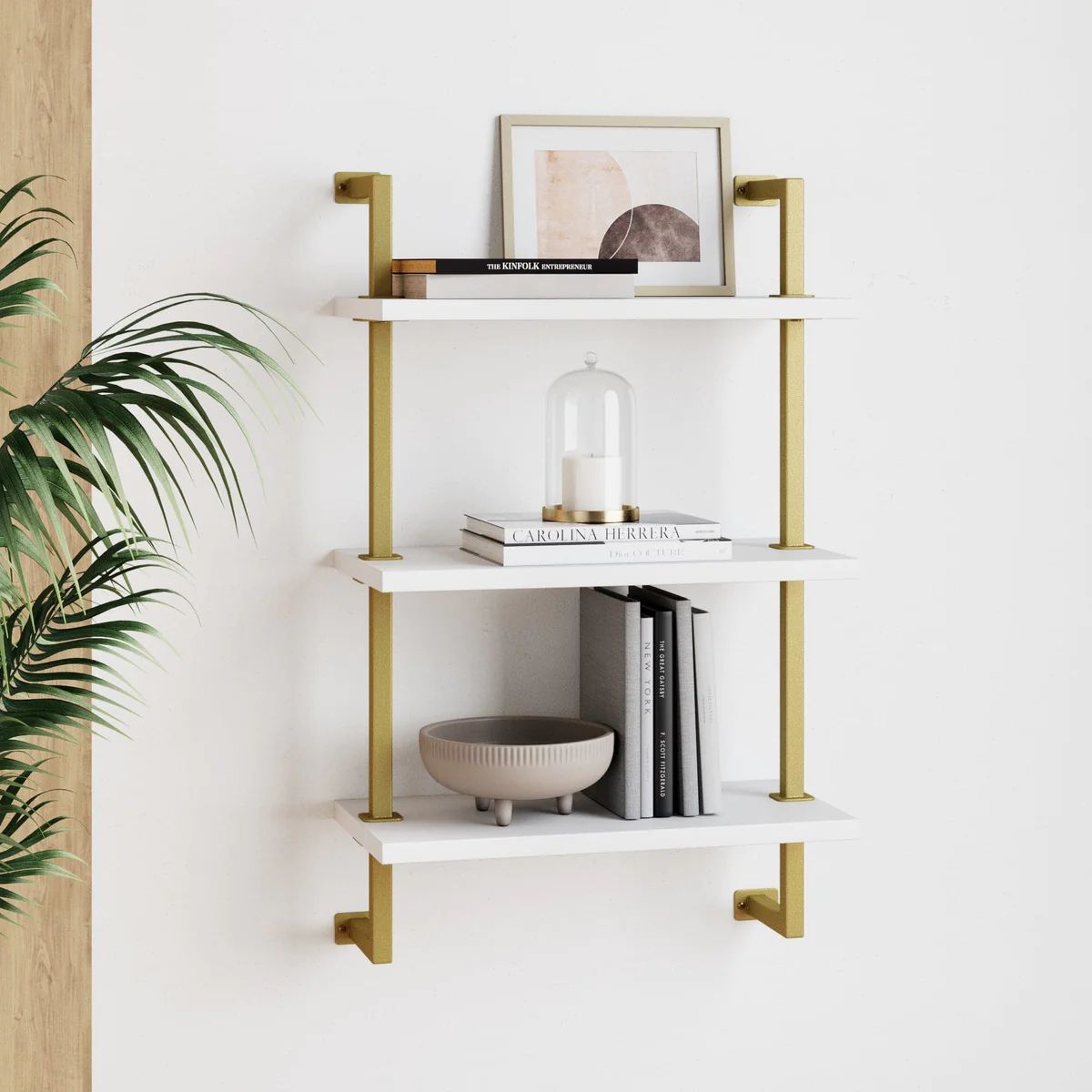 Theo Industrial 3-Shelf Gold Ladder Bookcase with White Open Shelves and Brass Metal Frame | Nath... | Nathan James
