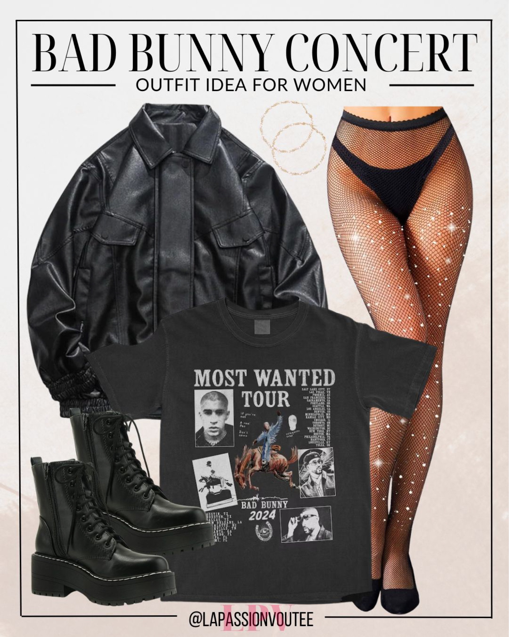 Rock the Bad Bunny vibe with this killer concert outfit! Pair an oversized leather jacket with a Bad Bunny Merch t-shirt for ultimate style. Complete the look with statement hoop earrings and chunky boots, and you'll be ready to dance the night away in true reggaeton fashion!

#LTKfindsunder100 #LTKstyletip #LTKparties
