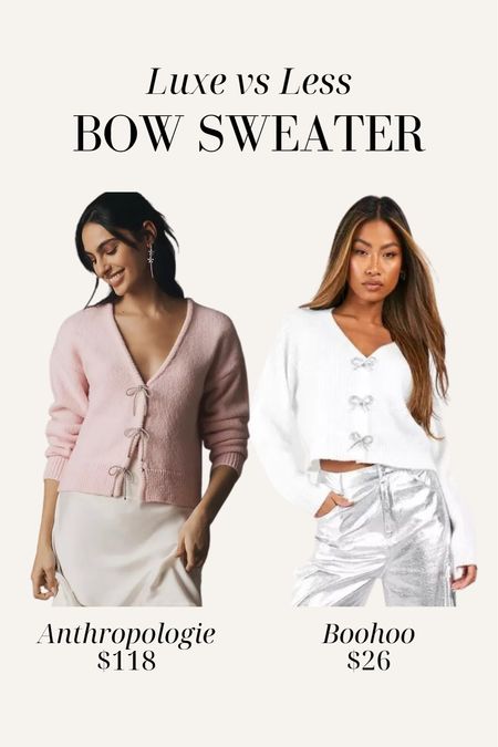 Luxe vs Less Bow Sweater! crystal bow sweater, holiday outfit, party outfit, NYE outfit, holiday sweater, Anthropologie sweater, anthro dupe

#LTKHoliday #LTKsalealert #LTKGiftGuide