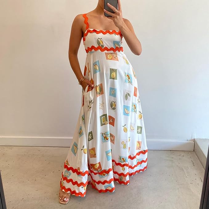 Women Graffiti Print Maxi Cami Dress Sleeveless Loose Aline Midi Dress Spaghetti Strap Boho Flowy... | Amazon (US)