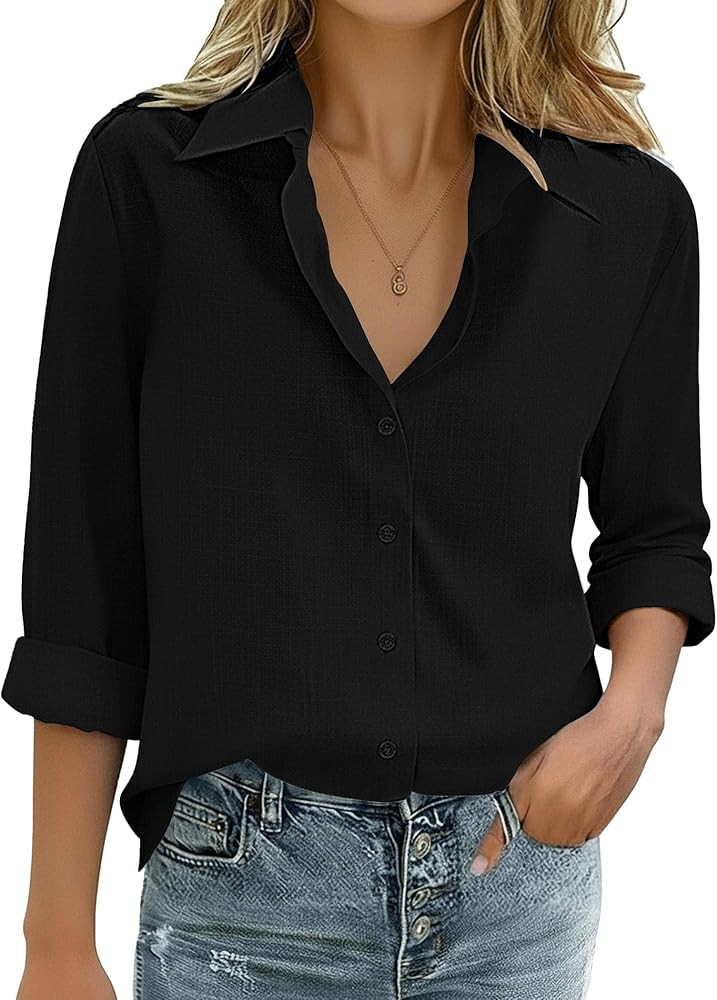 Zeagoo Womens Cotton Linen Button Down Shirts Loose Fit Long Sleeve Collared Blouse Casual V Neck... | Amazon (US)