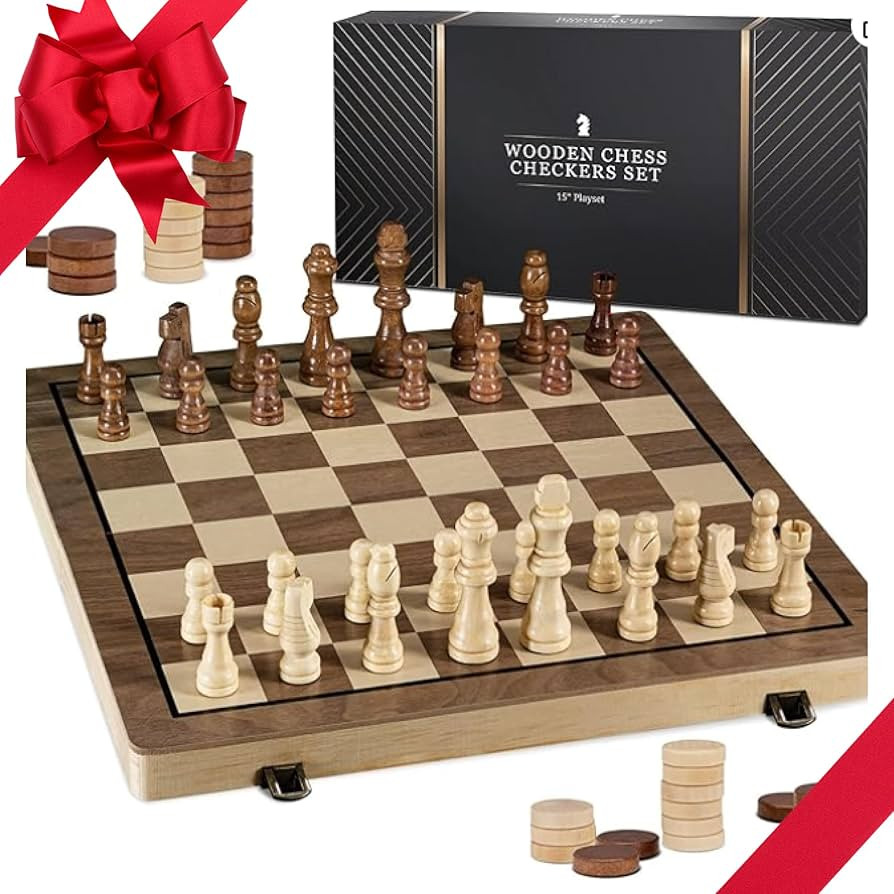 PlayVibe Wooden Chess Set 15'' - Checkers & Chess Board Game with 2 Extra Queens - Handmade Chess... | Amazon (US)