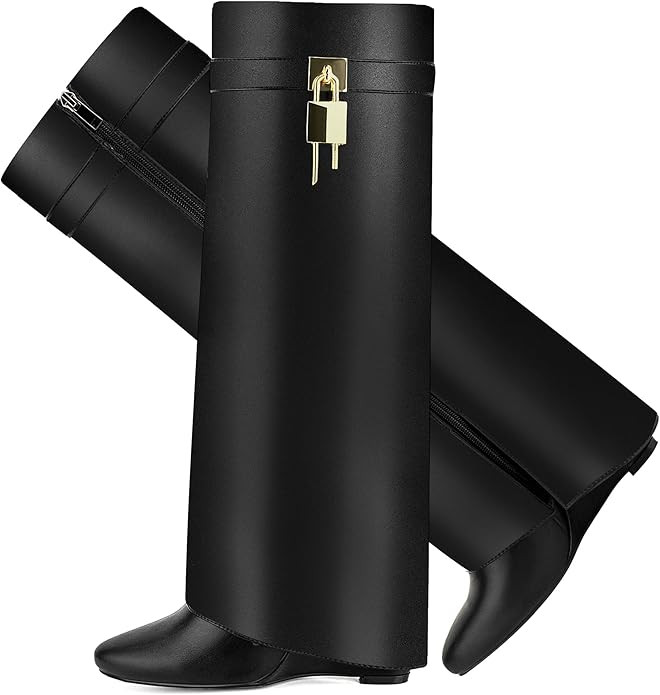 Fold Over Boots for Women Pointy Pull-on Wedge Heel Knee Shark Boot With Side Zipper Padlock Desi... | Amazon (US)
