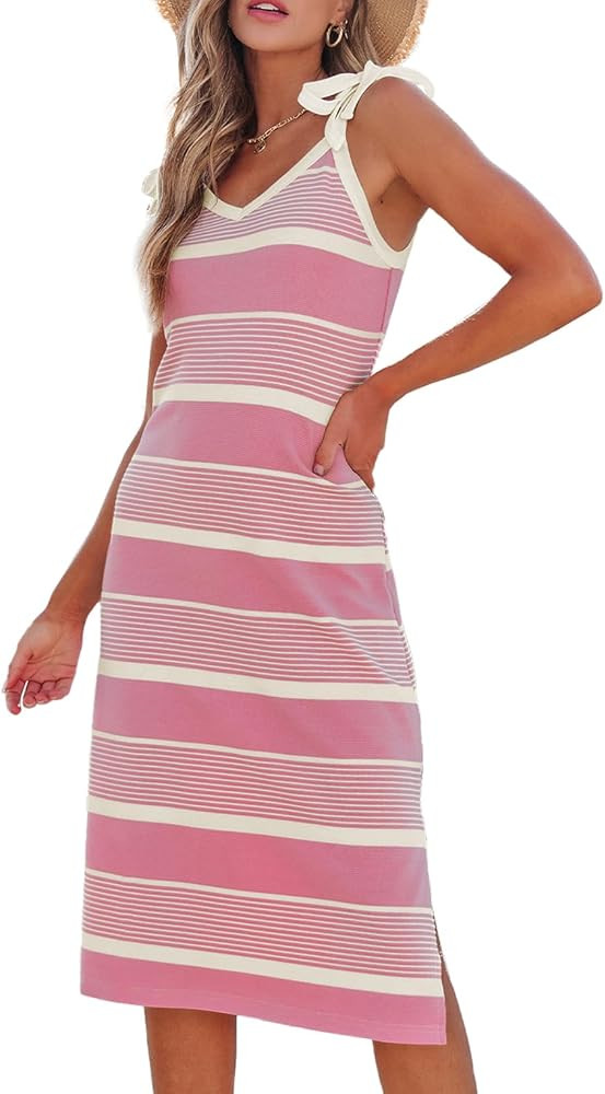BLENCOT Womens Summer Dresses Sleeveless Casual Bow Tie Strap Long Spring Cute Knit Beach Striped... | Amazon (US)