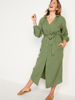 Long-Sleeve Waist-Defined Midi Dress for Women | Old Navy (US)