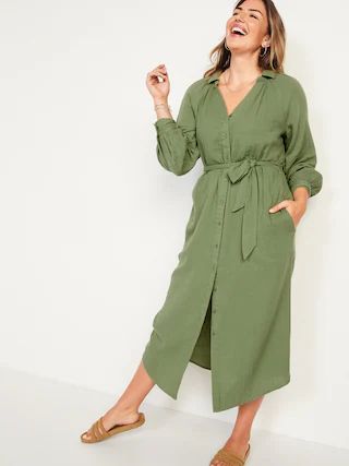 Long-Sleeve Waist-Defined Midi Dress for Women | Old Navy (US)