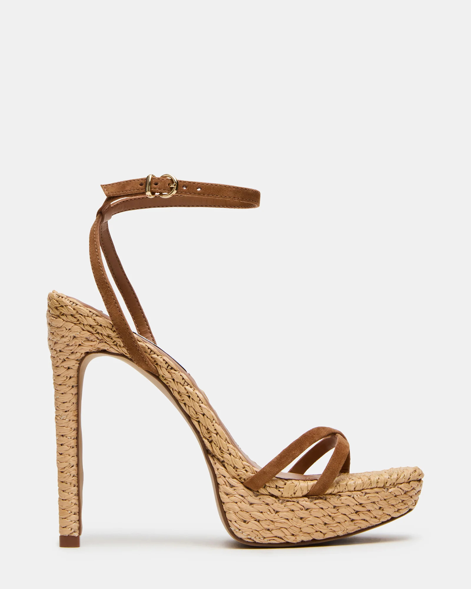 JUNI Chestnut Suede Raffia Criss Cross Stiletto Ankle Strap Women's Heel | Steve Madden (US)