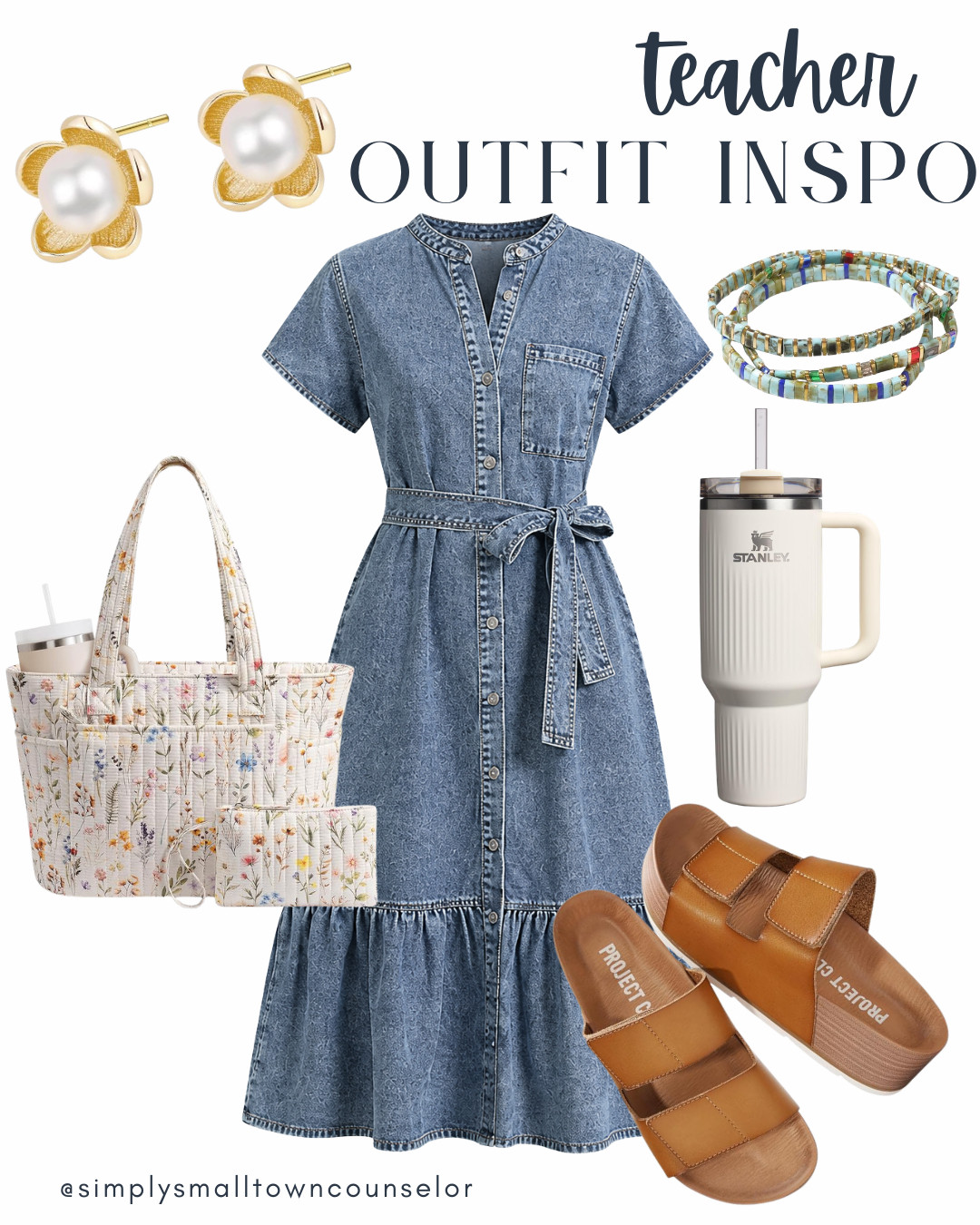 Teacher Outfit Inspo 🍎✏️ This denim dress paired with comfy sandals, a floral tote, and simple accessories would make such a cute classroom-ready look! 🤍 
 

 #LTKWorkwear