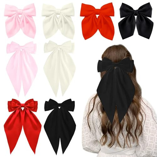 Loqpol 8 PCS Satin Hair Bows, Oversized Long Tail Bows, Short Hair Bows with Aliigator Clips, Coquette Hair Accessories for Women and Girls (Black - Red - L.Pink - Beige) | Amazon (US)