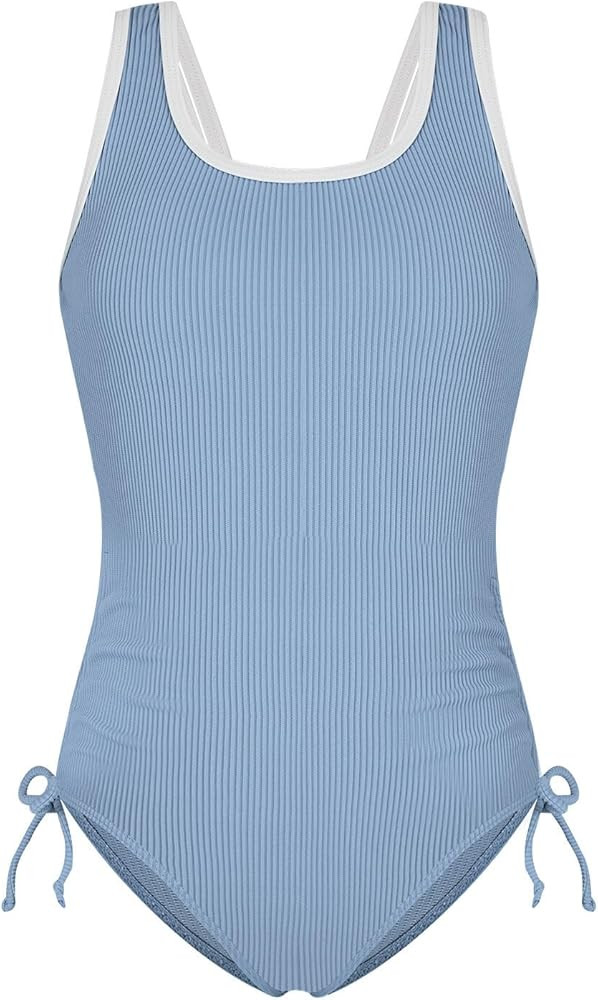 Weixinbuy Girls Swimsuit Ribbed Bathing Suit for Girls Adjustable Strap Color Block Summer Beach ... | Amazon (US)