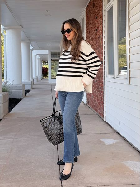 Maternity jeans outfit with striped sweater and ballet flats, such a classic fall look. Jeans run true to size (wearing size 2 here). Exact sweater is sold out so linking similar.  Ballet flats run true to size  