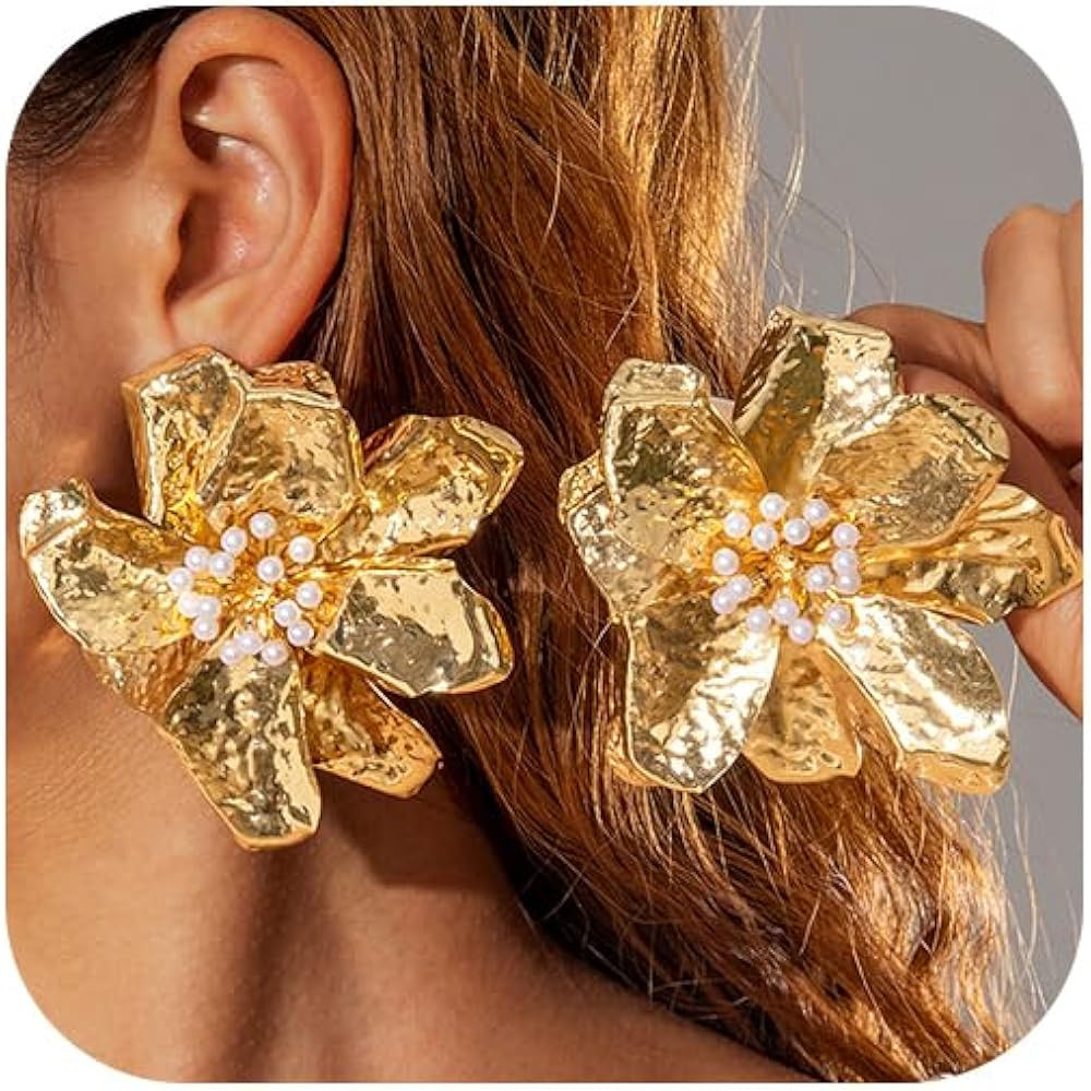 Gold Chunky Cluster Pearls Flowers Earrings for Women Dangling Boho Large Floral Drop Dangly Earr... | Amazon (US)