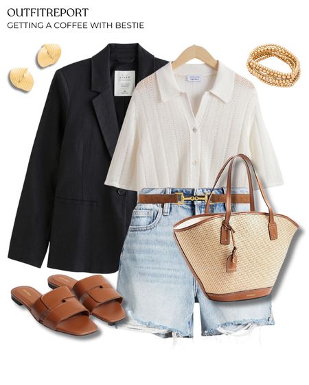 Black blazer white top denim shorts brown sandals straw handbag and belt 

#LTKshoes #LTKbag #LTKstyletip