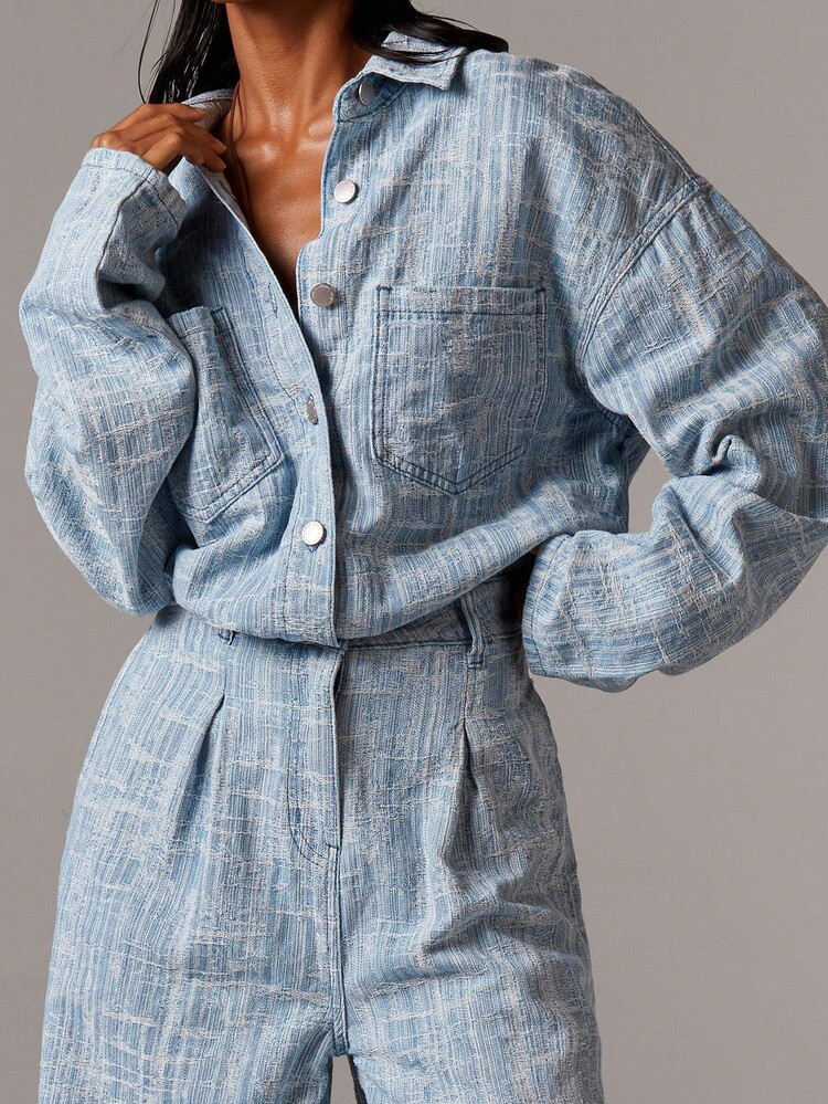 Athîral Autumn New Women's Chambray Denim Drop Shoulder Long Sleeve Wide Leg Denim Jumpsuit, Retro, Business Casual Women's Wear, 90s Fashion, Light Blue, Mopping Pants, Wide Leg Denim Jumpsuit, Suitable For Going Out And Partying | SHEIN