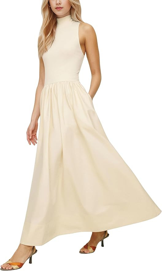 Lauweion Women's Sleeveless Turtleneck Maxi Dress Patchwork Casual Solid Flowy Mock Neck Long Dre... | Amazon (US)