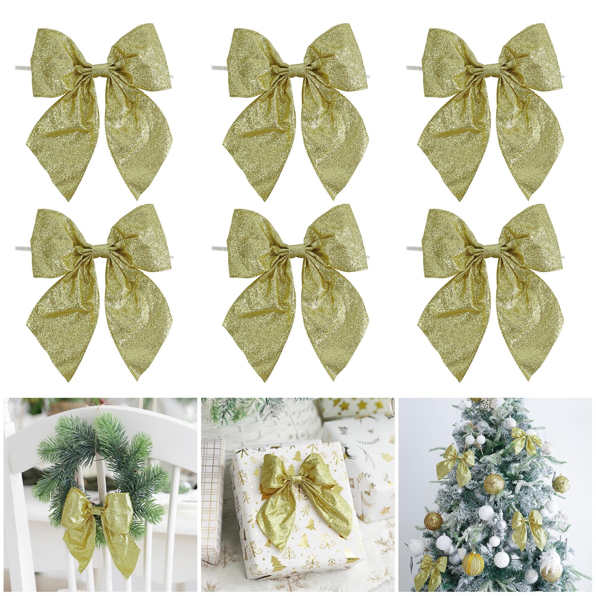 AIMUDI Gold Glitter Wired Ribbon Bows with Twist Tie 5.5" Premade Metallic Christmas Bows for Gif... | Amazon (US)