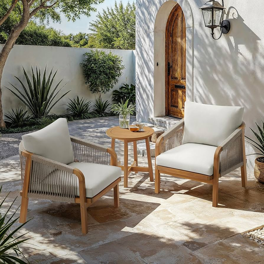 Adele 3-Piece Chat Set with Rope Woven Acacia Frames & Soft Poly-Spun Cushions for Outdoor Relaxa... | Amazon (US)