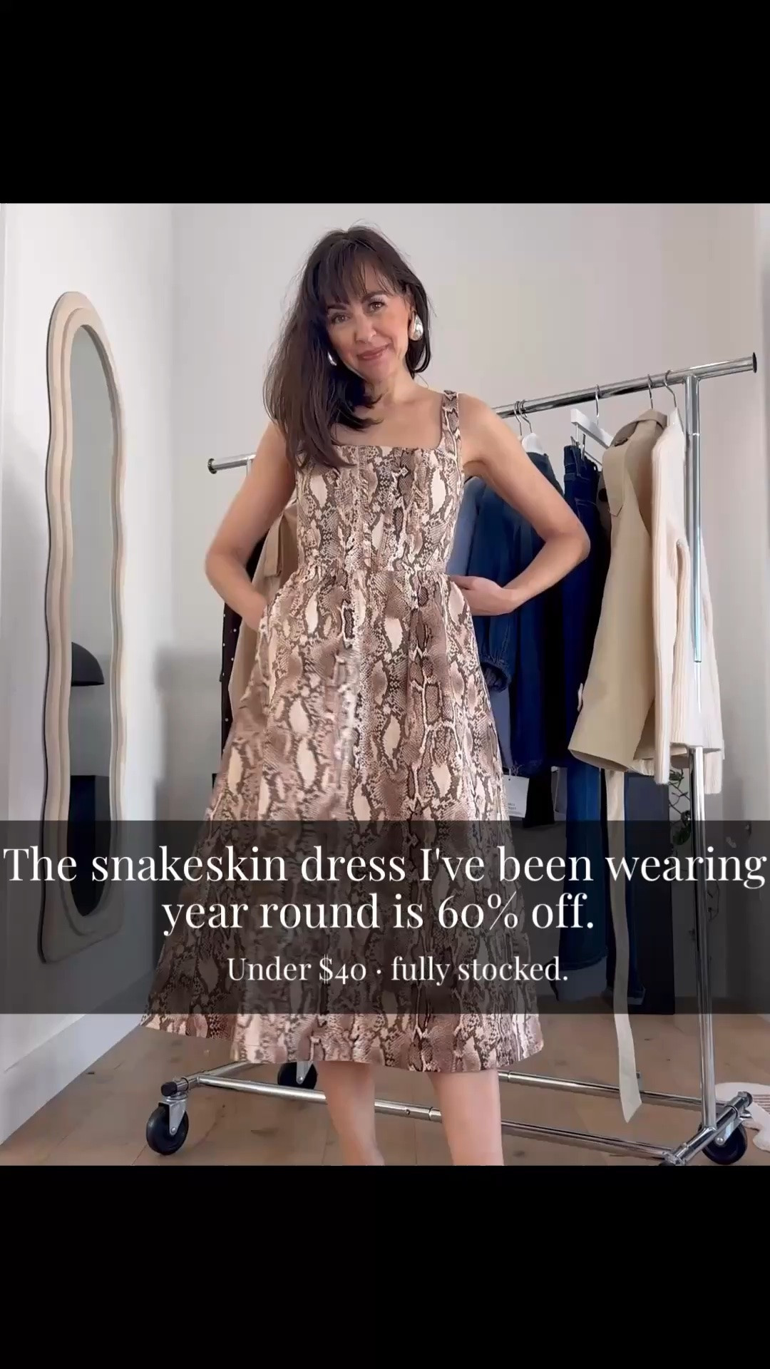 I recommended these at full price. Now they're on sale at Nordstrom.
The snakeskin dress I've been wearing year round is 60% off. Under $40 and fully stocked — an insider find you won't see everywhere.