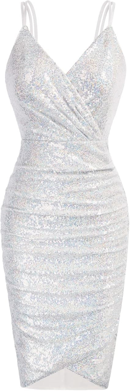 GRACE KARIN Women's Sexy Sequin Sparkly Glitter Ruched Party Club Dress Spaghetti Straps Wrap V-N... | Amazon (US)