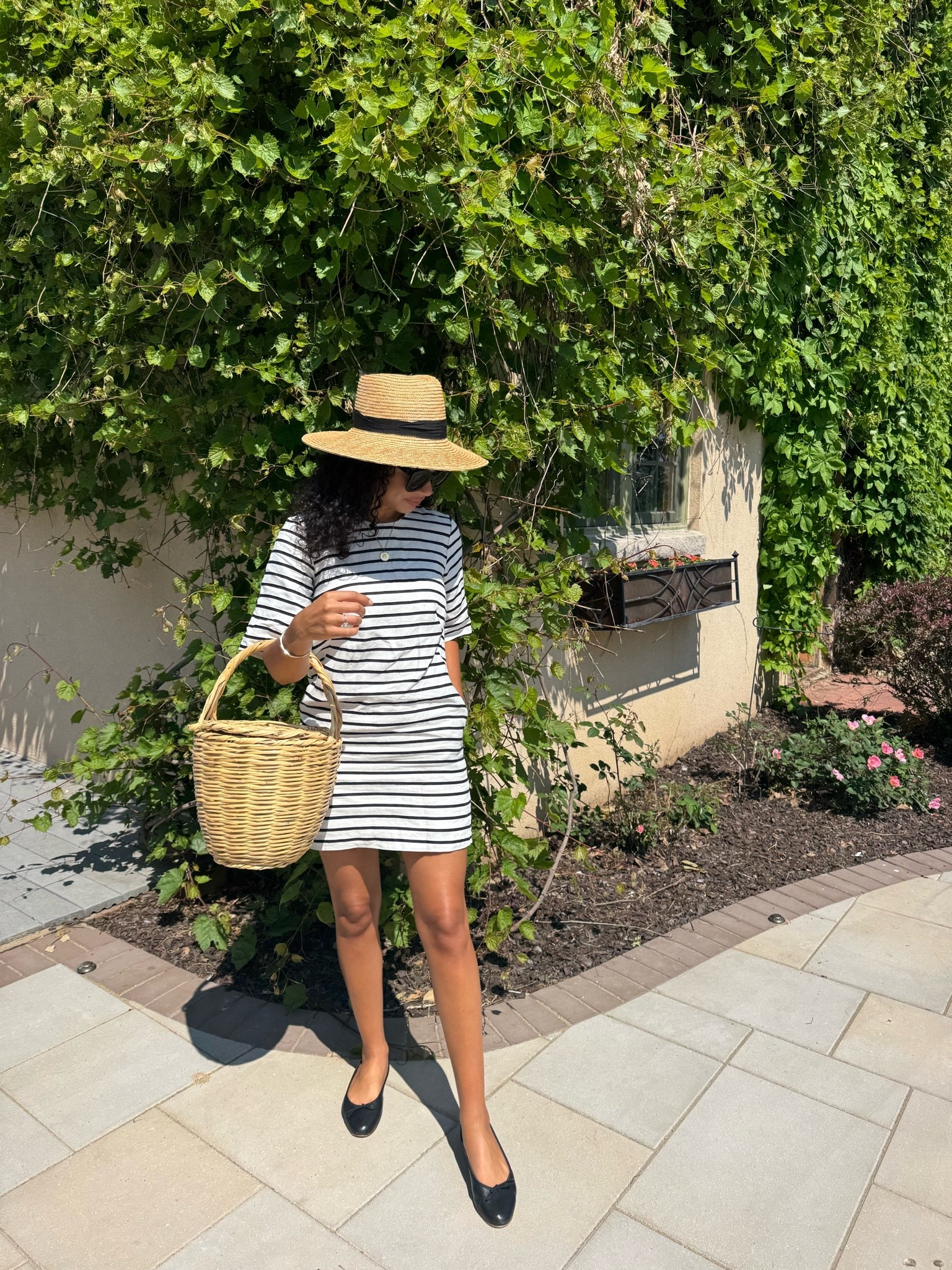 striped dress, ballet flats, straw hat, large wicker basket bag

#LTKootd