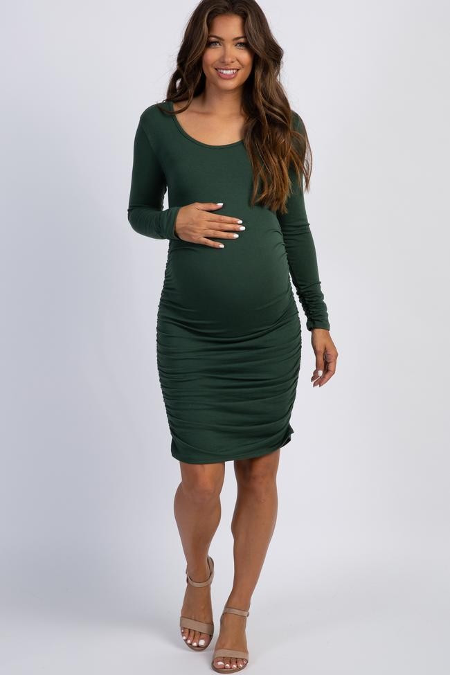 PinkBlush Olive Green Ruched Long Sleeve Maternity Dress | PinkBlush Maternity