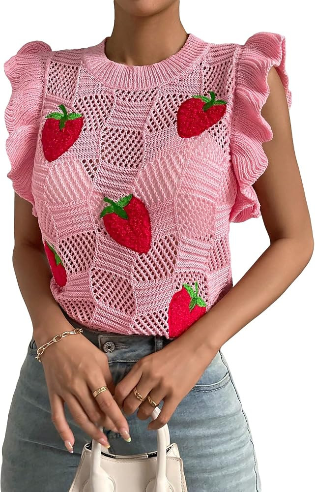 Milumia Women's Strawberry Sweater Vests Ruffle Trim Sweater Tank Top Crew Neck Knit Vest | Amazon (US)