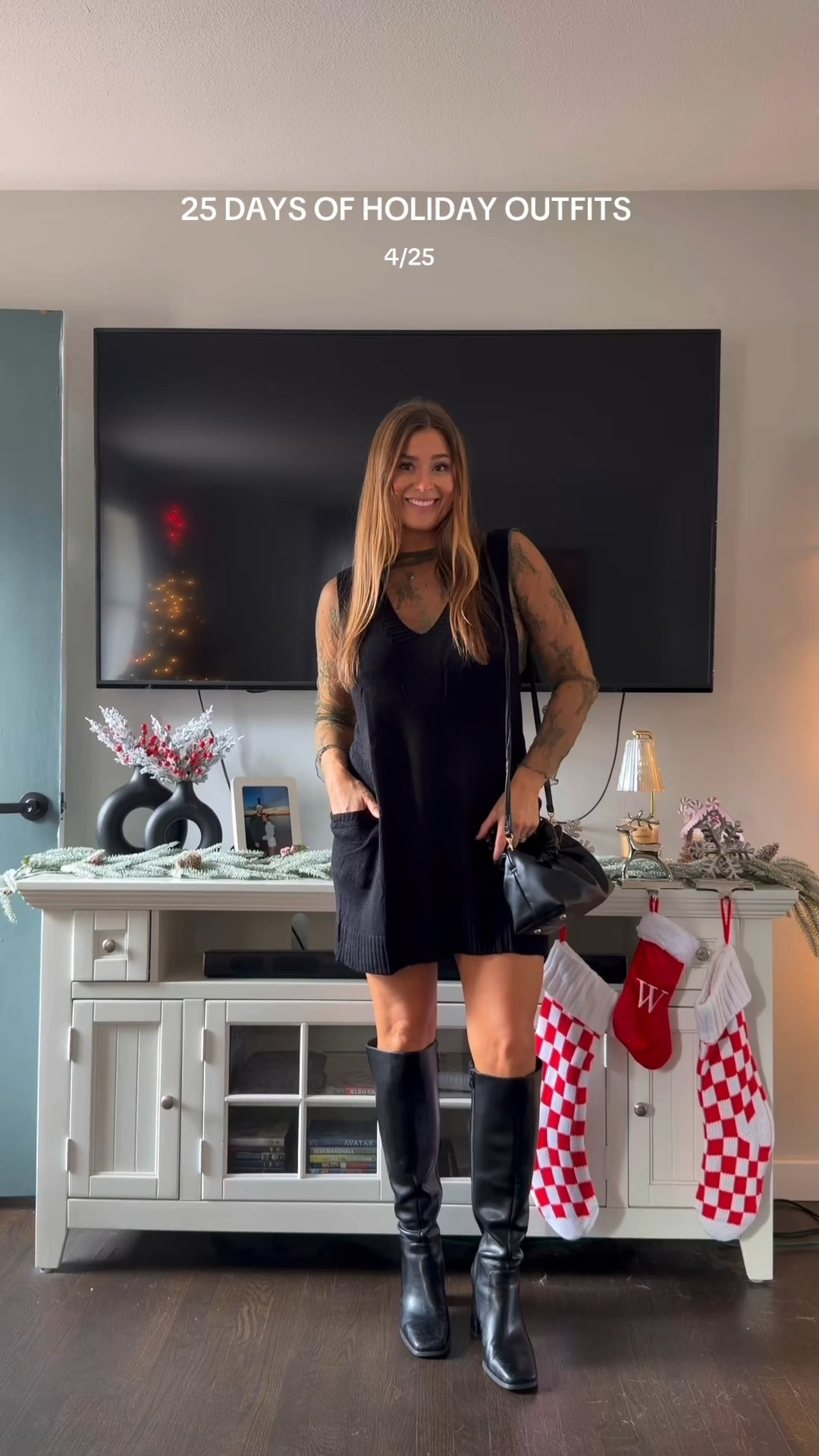 today’s holiday outfit!! wearing my true size in everything. knit sweater dress is so so comfy and can be layered or worn on its own! 

#LTKHoliday #LTKFindsUnder50 #LTKootd