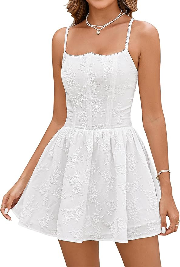 EYNMIN Jacquard Mini Dress Corset Spaghetti Strap Smocked Flowy A Line Short Graduation Dresses f... | Amazon (US)