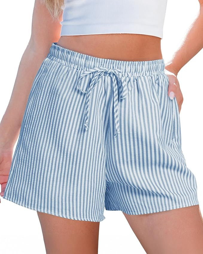 luvamia Striped Shorts for Women High Waisted Beach Casual Drawstring Pull On Elastic Waist Summe... | Amazon (US)