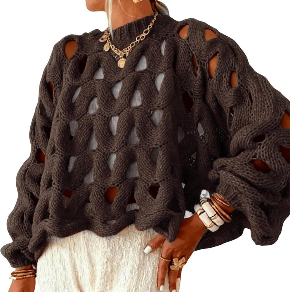 Wyeysyt Hollow Out Pullover Sweaters for Women Oversized Long Sleeve Crew Neck Sweater Chunky Cro... | Amazon (US)