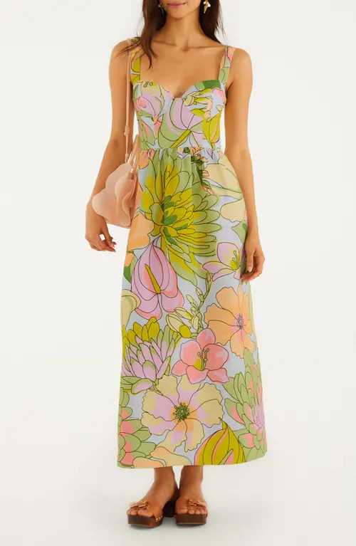 FARM Rio Spring Affair Floral Print Linen Maxi Dress in Green Multi at Nordstrom, Size Large | Nordstrom