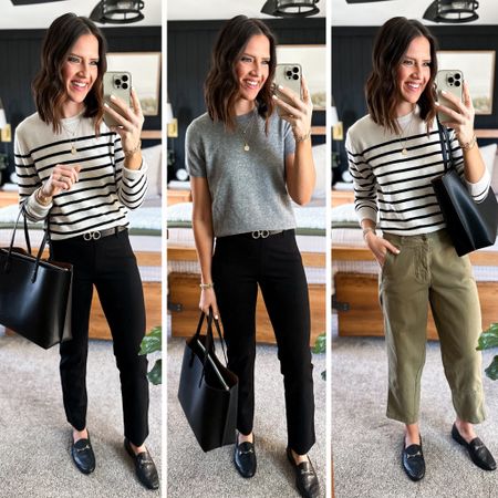 @onequince try on 

Stripe sweater (size up if in between, I’m in a medium) 
Gray sweater (size up, I’m in a medium) 
Black pants (size up if in between sizes, I’m in a medium 30 inseam) 
Green pants (size down, I’m in a 4 but need a 2) 
 
#quincepartner

#LTKstyletip #LTKworkwear #LTKfindsunder100