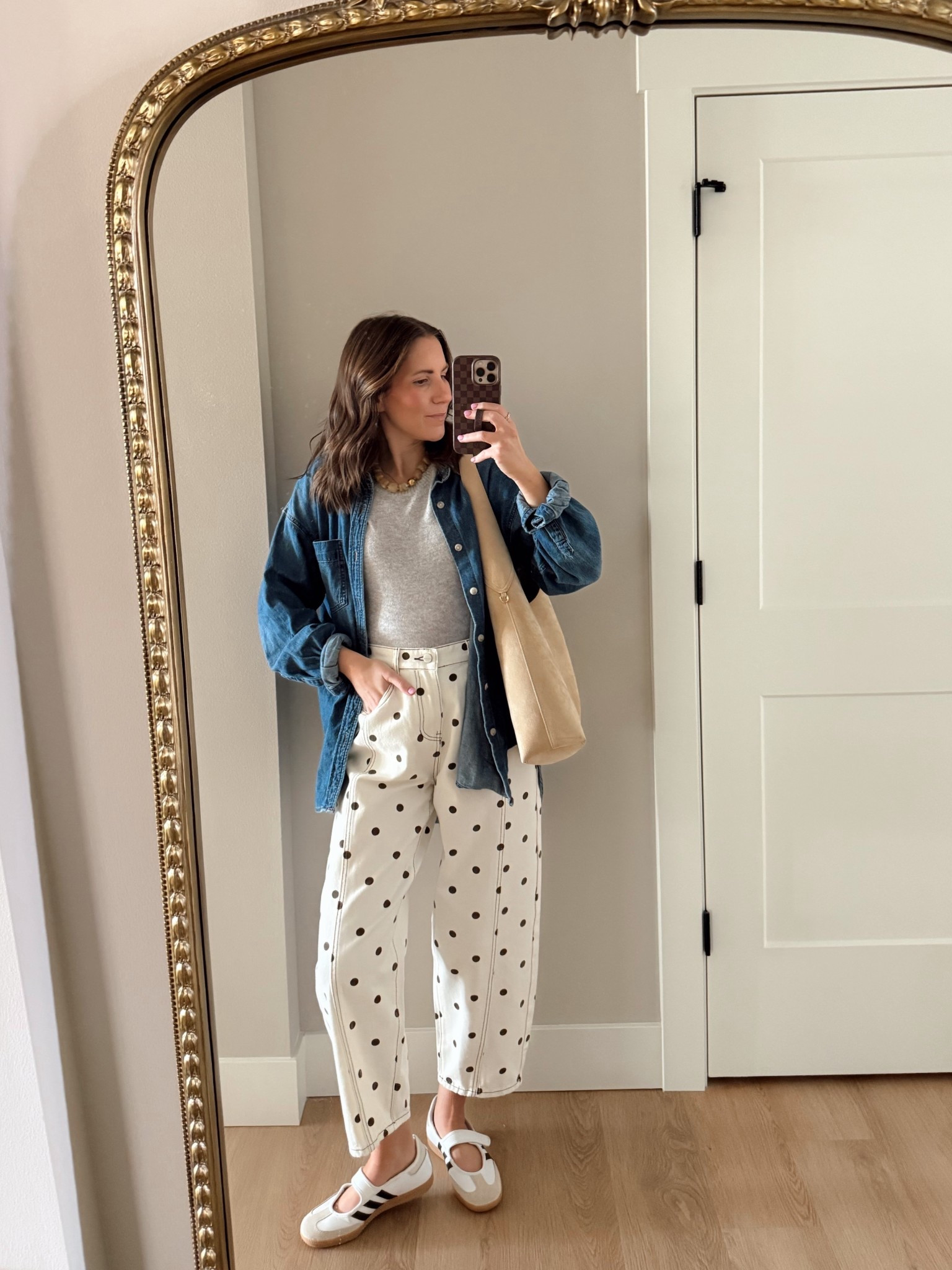 The cutest Amazon polka dot pants! Paired with my favorite denim button down top. It’s a bit of a splurge but a closet staple!
Wearing size small in all

Polka dot pants, Amazon find, aritzia button down, adidas Mary Jane, casual style, spring outfit 

#LTKootd