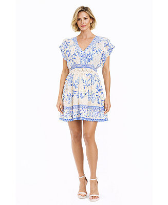 LA MODA CLOTHING Women's Club Moda Blue Floral V-Neck Mini Dress - Smocked Waist Resort Wear Summ... | Macy's