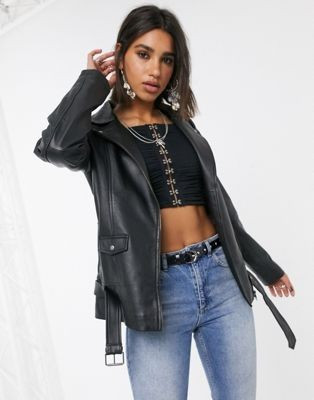 Object – Lang geschnittene Oversize-Lederjacke in Schwarz | ASOS DE