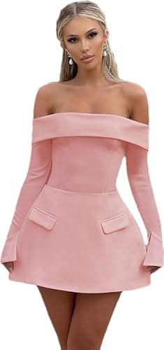 Ailaoyou Splicing Tube Dress Women's Sexy Strapless Backless Mini Top Bodycon Dress Off The Shoulder Long Sleeve Cocktail Formal Dress A Line Mini Dresses with Pocket (Medium, 1115 Pink) | Amazon (US)