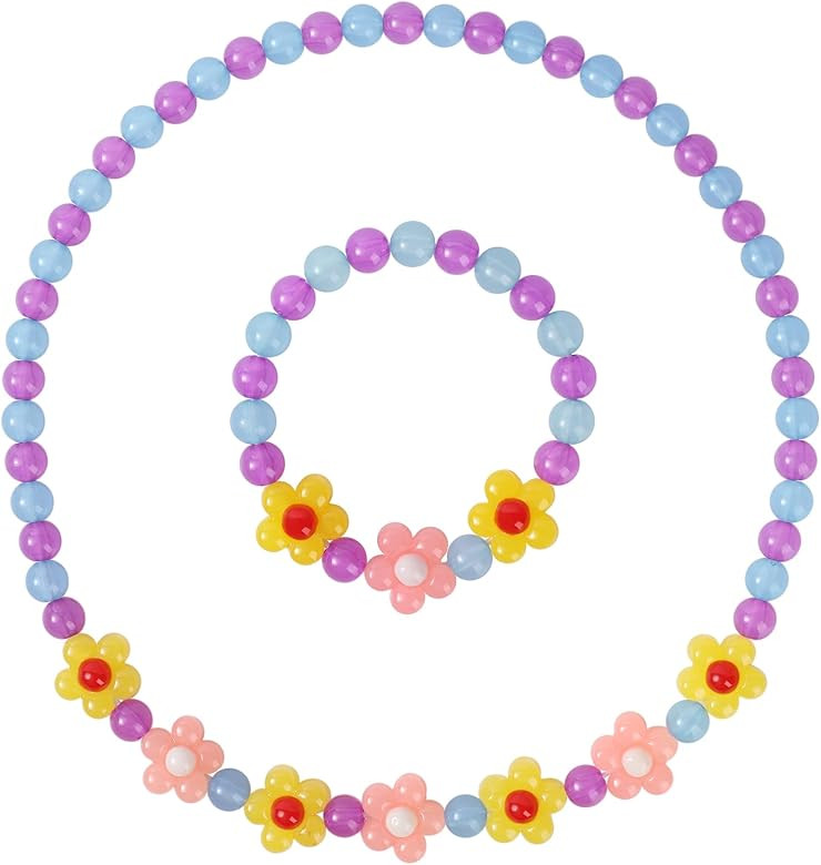 Girls Jewelry Set - Cute Flower Beads Necklace Bracelet-Toddler Girls Flower Jewelry - Stretchy C... | Amazon (US)